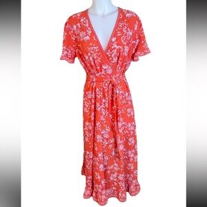 Max Studio Large Faux Wrap Orange CottageCore Boho Maxi Floral Dress Flutter Tie